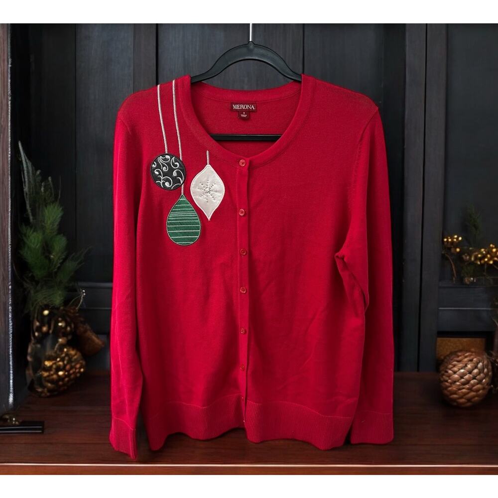 Merona Sweater Women's Size 1 Red Cardigan Casual Christmas Ornament Holidays